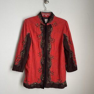 Chicos 0 Coral Brown Embellished Embroidered Coat
